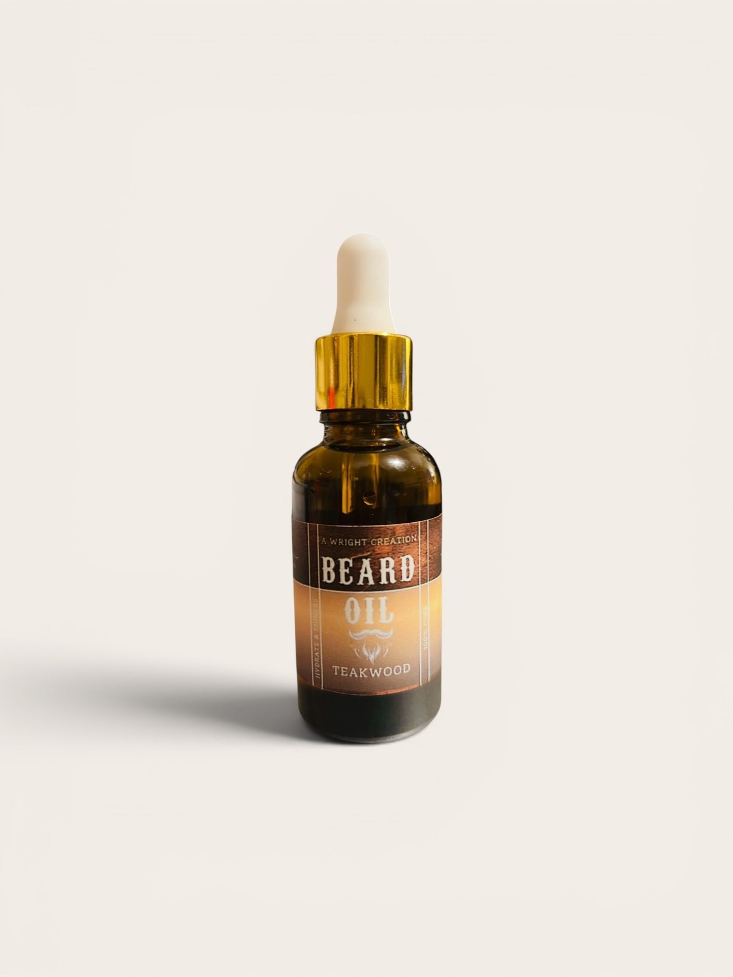 Bottle of beard oil with a dropper on a light gray background