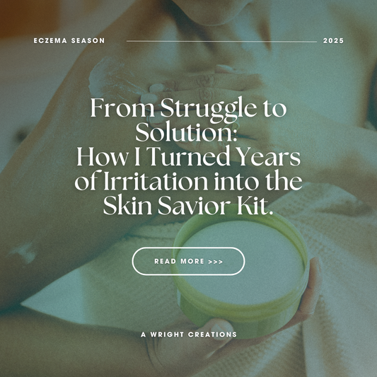 Person applying soothing cream to their shoulder while holding a green jar of moisturizer, with text overlay reading “From Struggle to Solution: How I Turned Years of Irritation into the Skin Savior Kit.