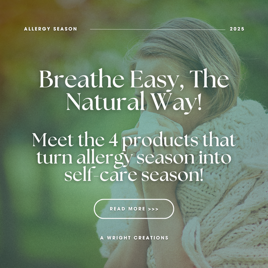 Natural allergy relief blog post, image shows a person outdoors wrapped in a cozy blanket, holding a tissue near their face.