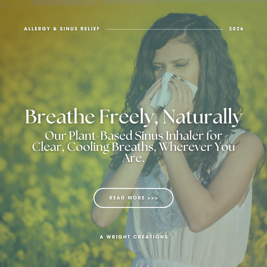 Woman standing in a yellow flowering field holding a tissue to her nose, representing seasonal allergies and sinus congestion, with text overlay promoting natural allergy and sinus relief from A Wright Creations.