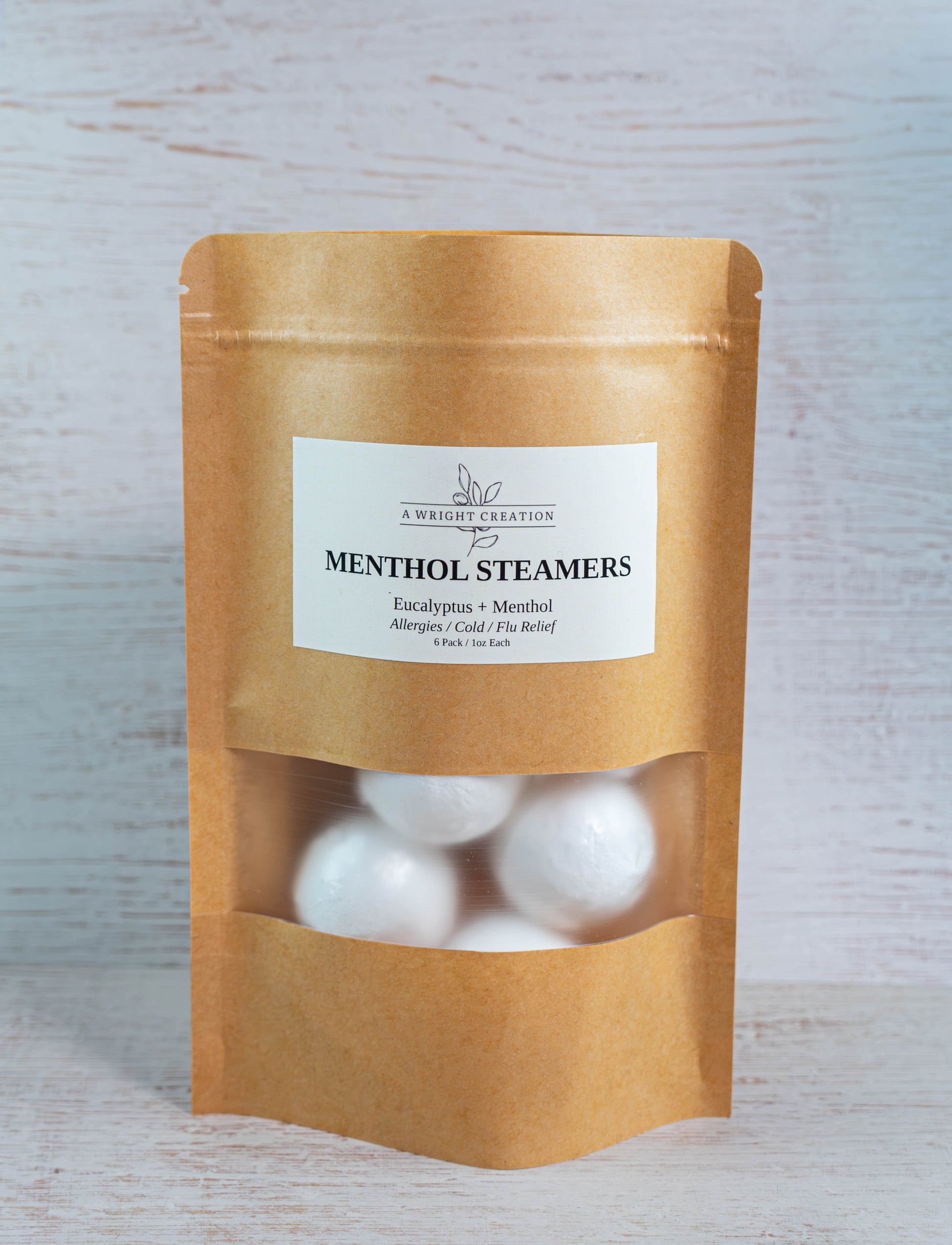 A Wright Creation Menthol Steamers in eco-friendly packaging, infused with eucalyptus and menthol to provide natural relief for allergies, colds, and congestion, ideal for sensitive users seeking holistic self-care.