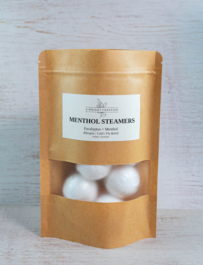 A Wright Creation Menthol Steamers in eco-friendly packaging, infused with eucalyptus and menthol to provide natural relief for allergies, colds, and congestion, ideal for sensitive users seeking holistic self-care.