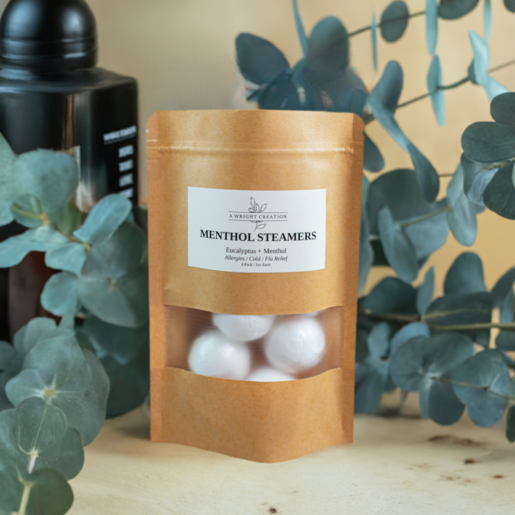 A Wright Creation Menthol Steamers in eco-friendly packaging, infused with eucalyptus and menthol to provide natural relief for allergies, colds, and congestion, ideal for sensitive users seeking holistic self-care.