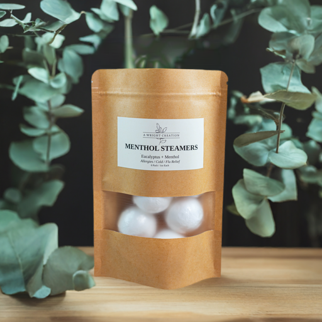 A Wright Creation Menthol Steamers in eco-friendly packaging, infused with eucalyptus and menthol to provide natural relief for allergies, colds, and congestion, ideal for sensitive users seeking holistic self-care.
