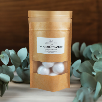 A Wright Creation Menthol Steamers in eco-friendly packaging, infused with eucalyptus and menthol to provide natural relief for allergies, colds, and congestion, ideal for sensitive users seeking holistic self-care.
