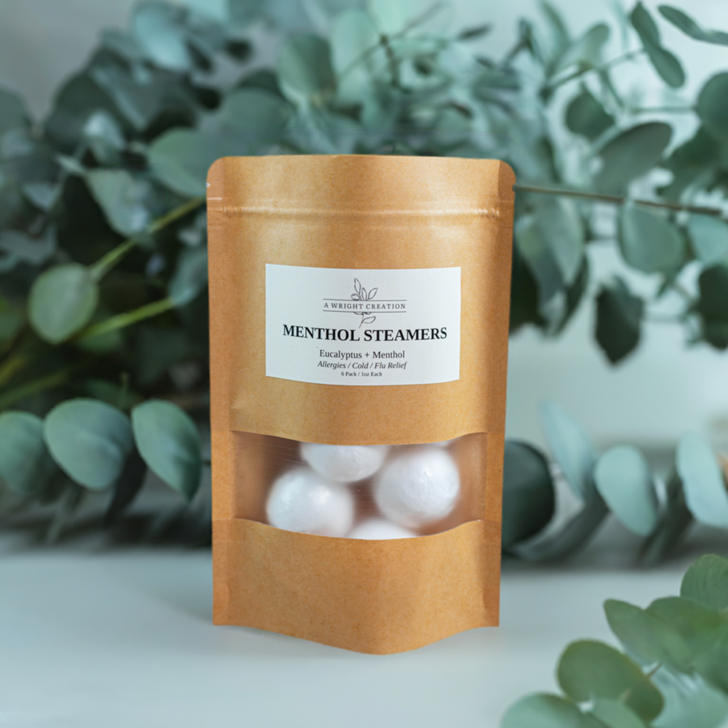 A Wright Creation Menthol Steamers in eco-friendly packaging, infused with eucalyptus and menthol to provide natural relief for allergies, colds, and congestion, ideal for sensitive users seeking holistic self-care.