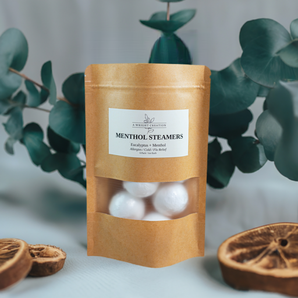 A Wright Creation Menthol Steamers in eco-friendly packaging, infused with eucalyptus and menthol to provide natural relief for allergies, colds, and congestion, ideal for sensitive users seeking holistic self-care.