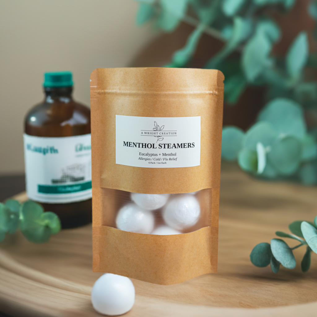 A Wright Creation Menthol Steamers in eco-friendly packaging, infused with eucalyptus and menthol to provide natural relief for allergies, colds, and congestion, ideal for sensitive users seeking holistic self-care.