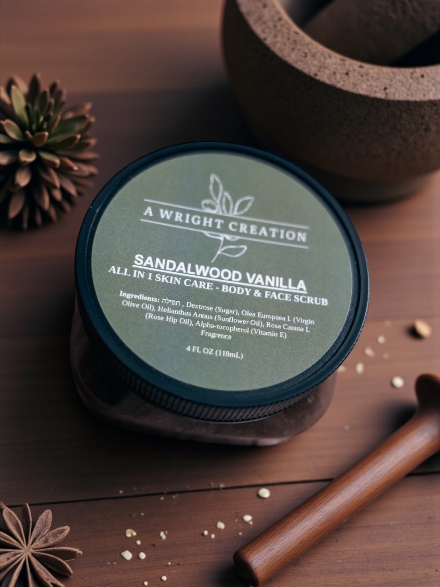 Sandalwood Vanilla scrub container on a wooden surface with natural elements