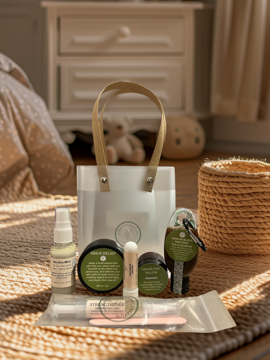 Collection of skincare products on a textured surface with a blurred background