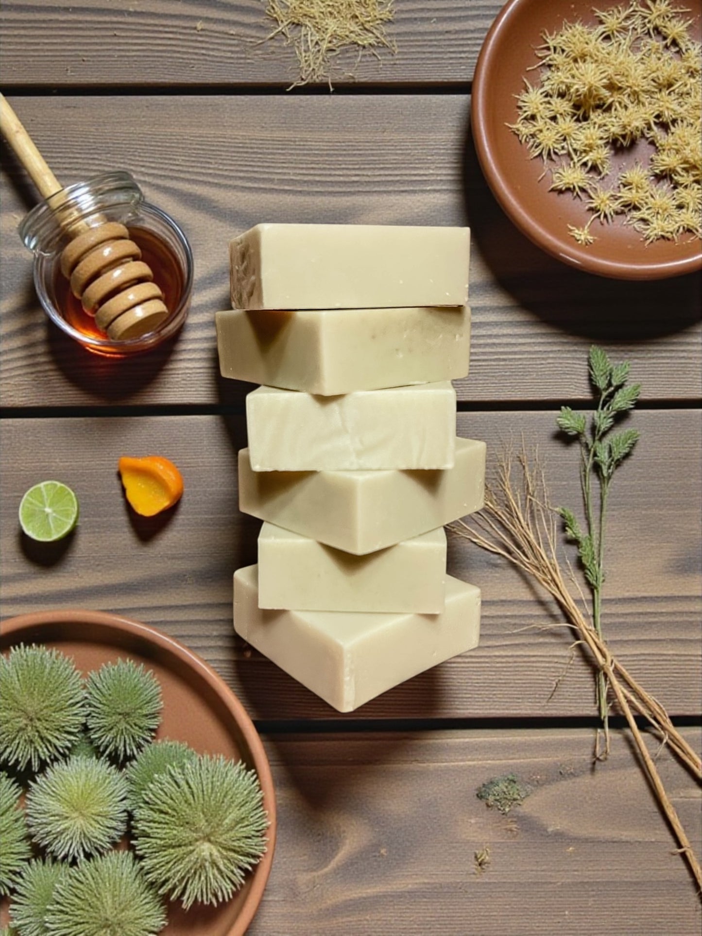 Stack of soap bars on a wooden surface with natural items like honey, lime, and plants.