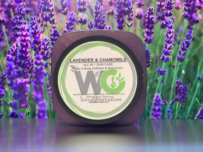 A jar of A Wright Creation's Lavender Chamomile Body and Face Scrub.