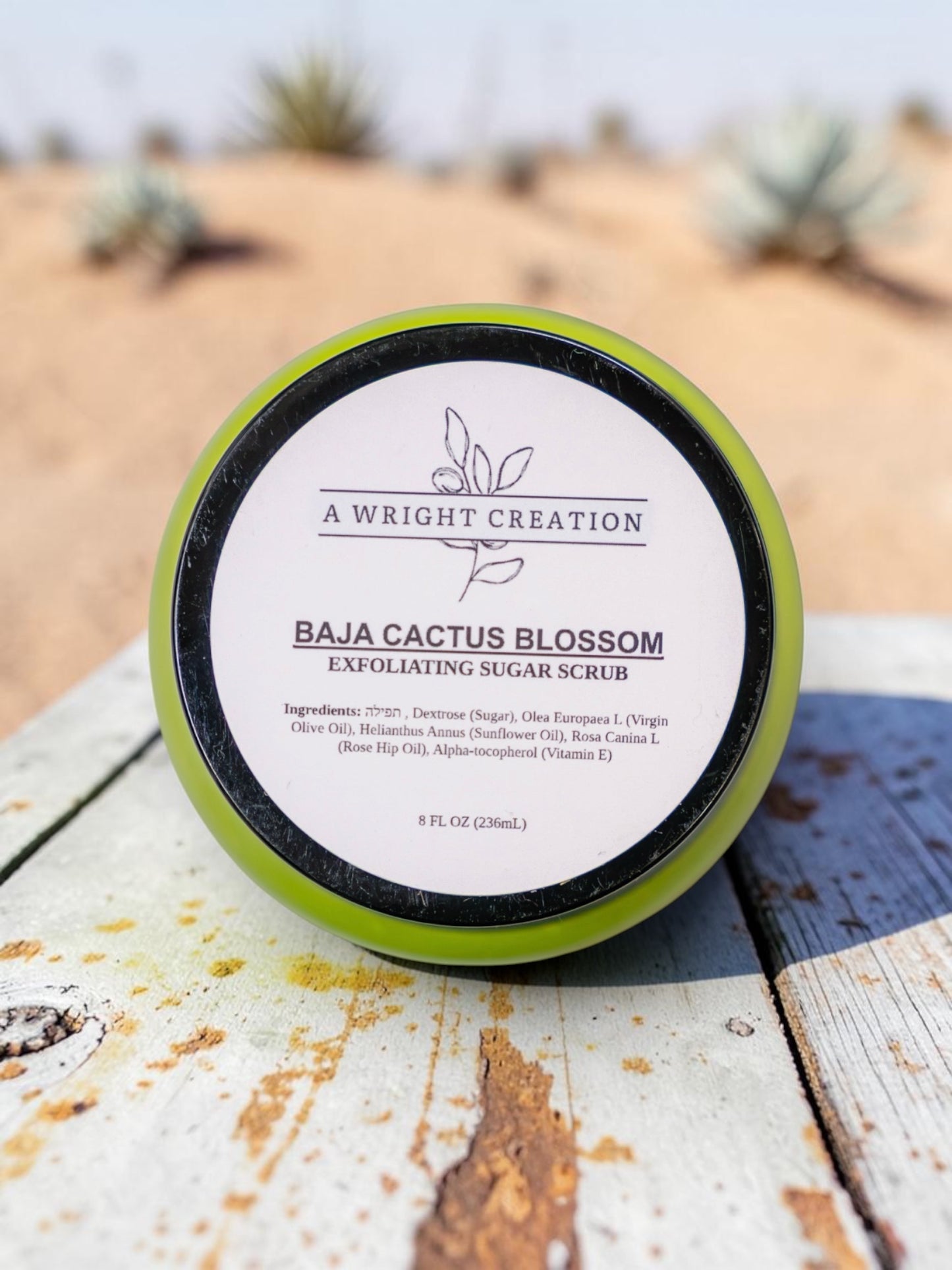 A jar of Wright Way Baja Cactus Blossom Mega Moisture Body Scrub on a bright, coastal background.