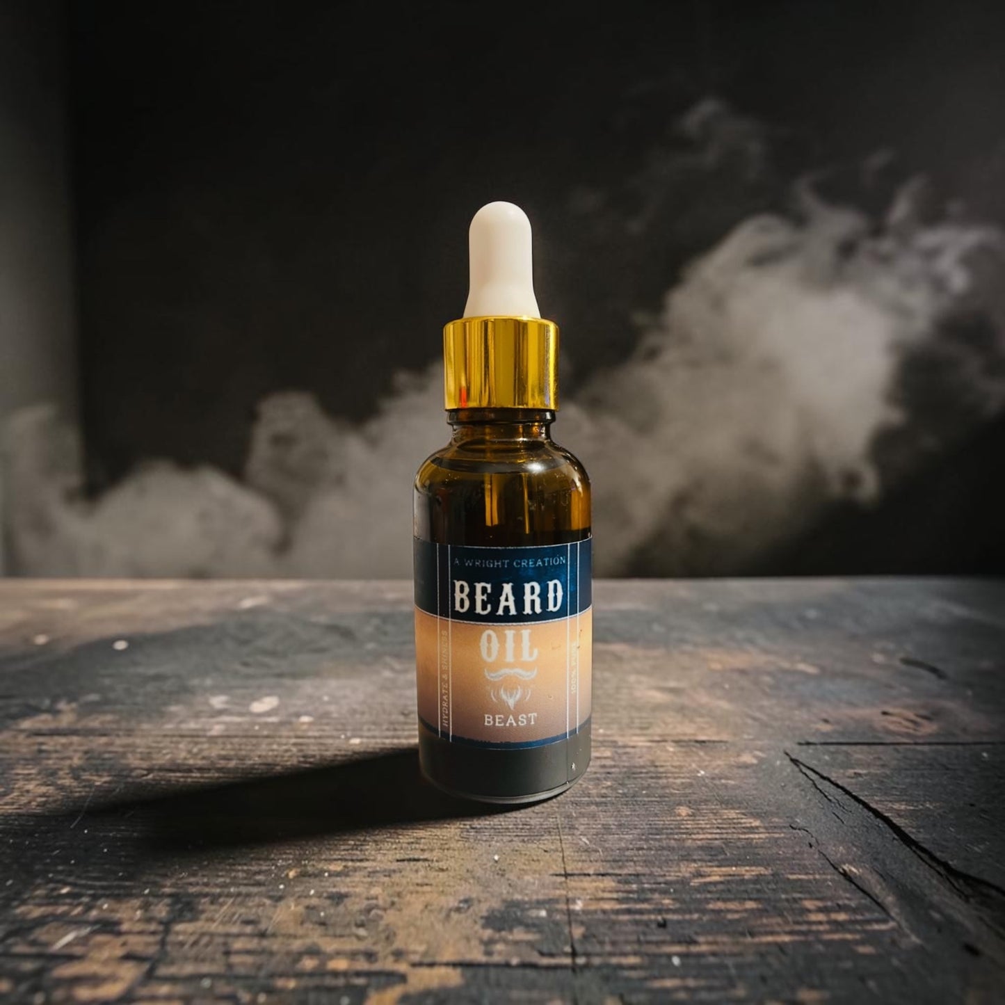 Bottle of beard oil on a wooden surface with a dark background