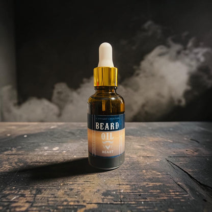 Bottle of beard oil on a wooden surface with a dark background