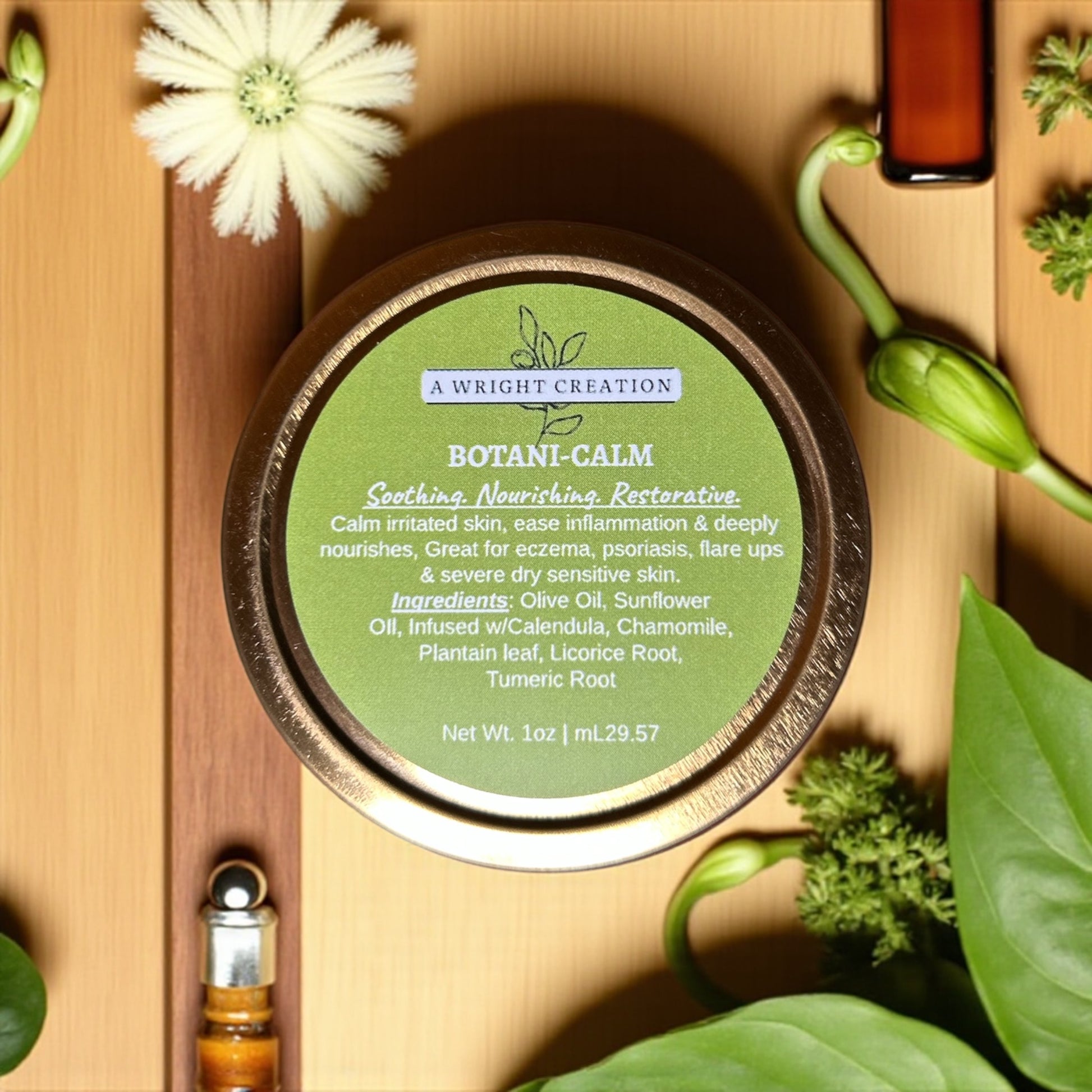Container of 'A Wright Creation' Botani-Calm product with green label on a wooden surface with plants.