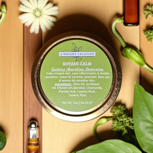 Container of 'A Wright Creation' Botani-Calm product with green label on a wooden surface with plants.