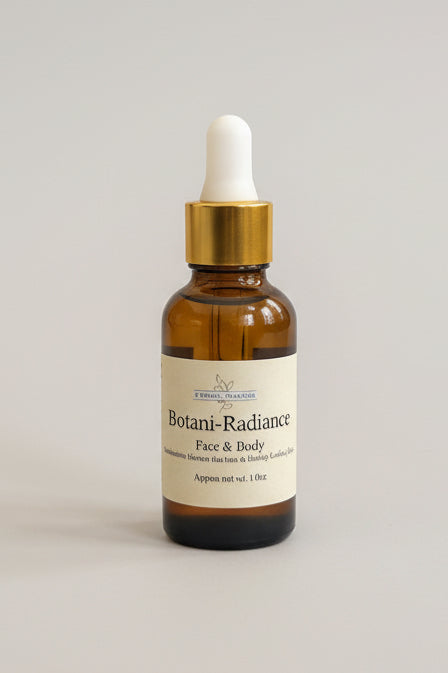 Brown glass bottle with dropper labeled 'Botani-Radiance' on a light gray background