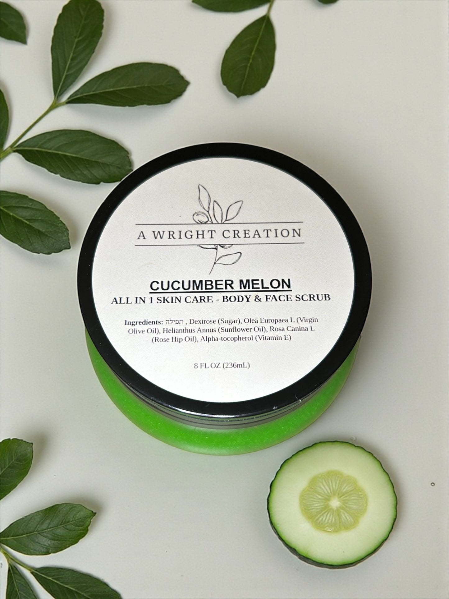 Cucumber melon skin care product with a slice of cucumber and leaves on a light background