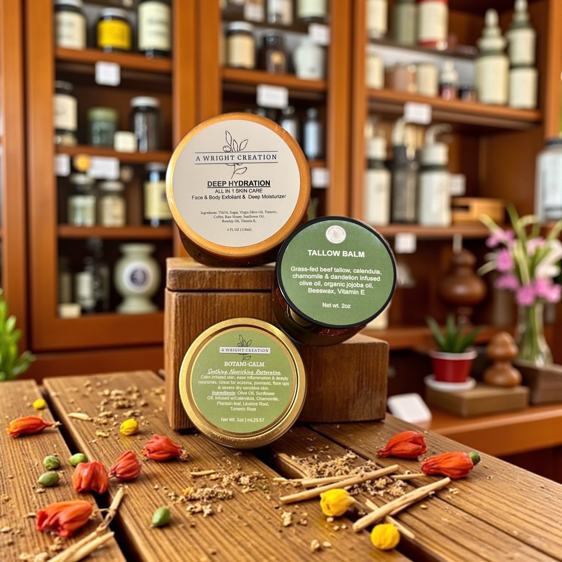 Eczema Relief 3-Step Skin Savior Kit tins on a wooden surface with a shelf of products in the background
