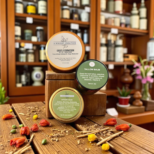 Eczema Relief 3-Step Skin Savior Kit tins on a wooden surface with a shelf of products in the background