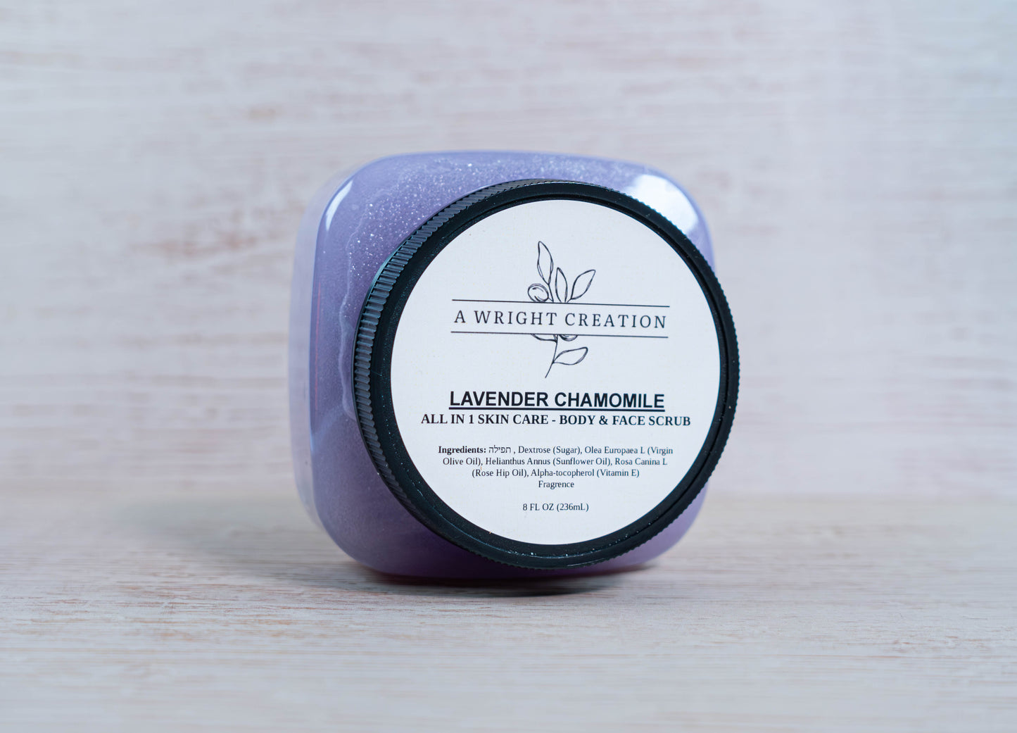 A jar of A Wright Creation's Lavender Chamomile Body and Face Scrub.