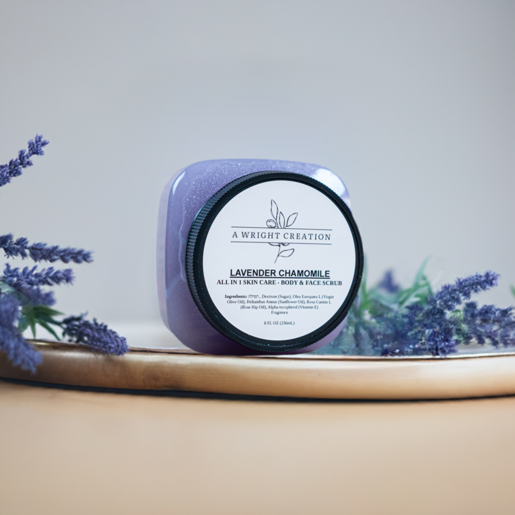 A jar of A Wright Creation's Lavender Chamomile Body and Face Scrub.
