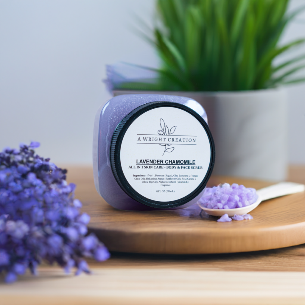 A jar of A Wright Creation's Lavender Chamomile Body and Face Scrub.