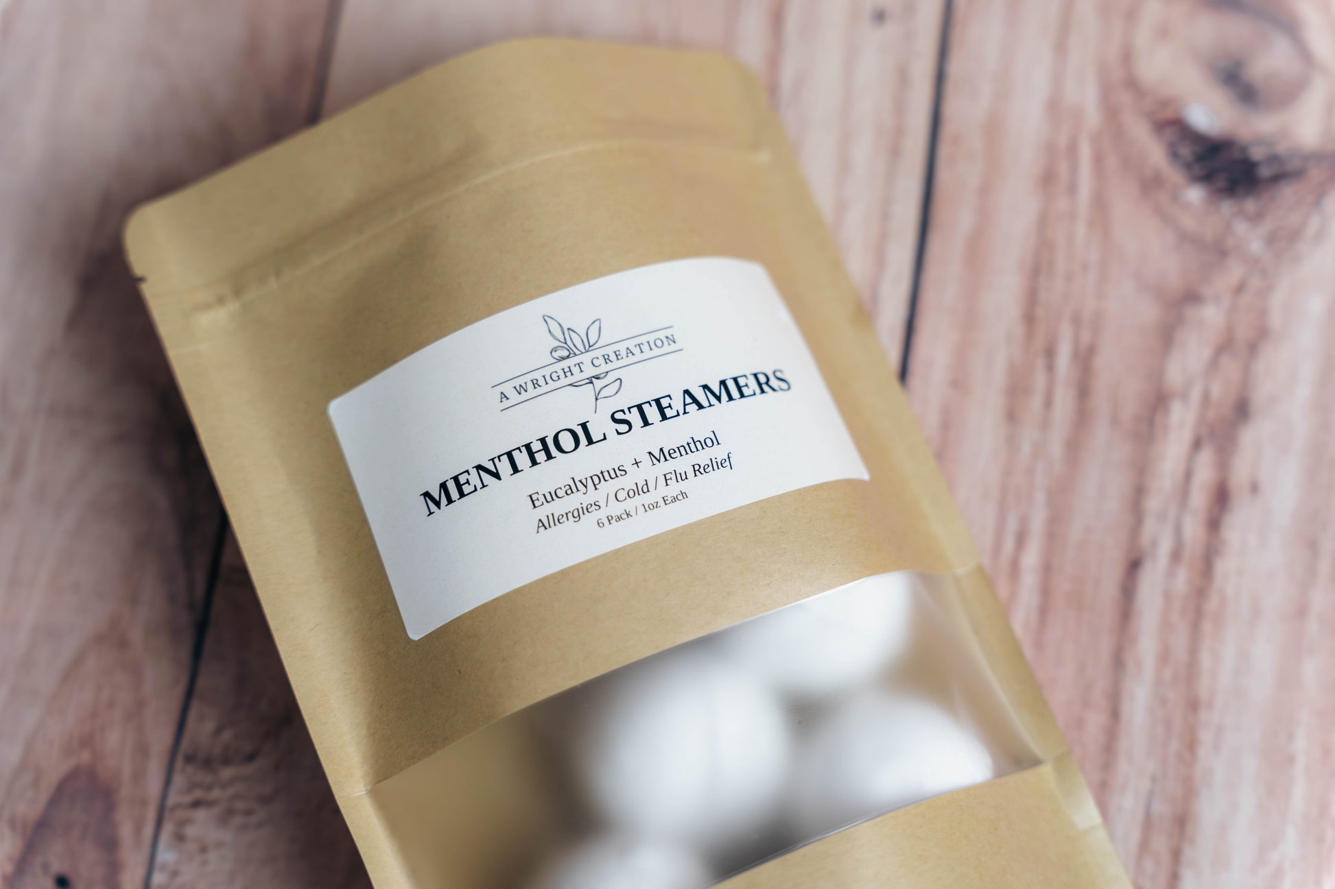 A Wright Creation Menthol Steamers in eco-friendly packaging, infused with eucalyptus and menthol to provide natural relief for allergies, colds, and congestion, ideal for sensitive users seeking holistic self-care.
