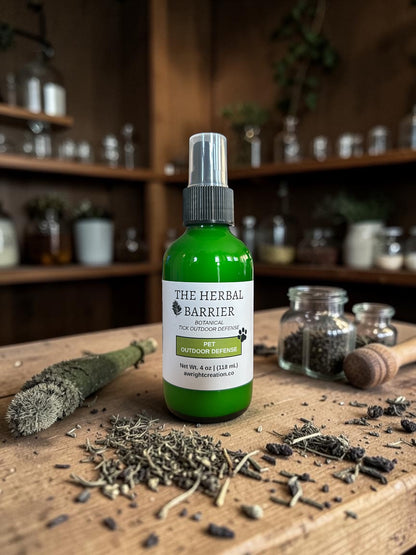 A bottle of Wright Way The Herbal Barrier Pet Outdoor Defense Spray for dogs on a wooden counter. 