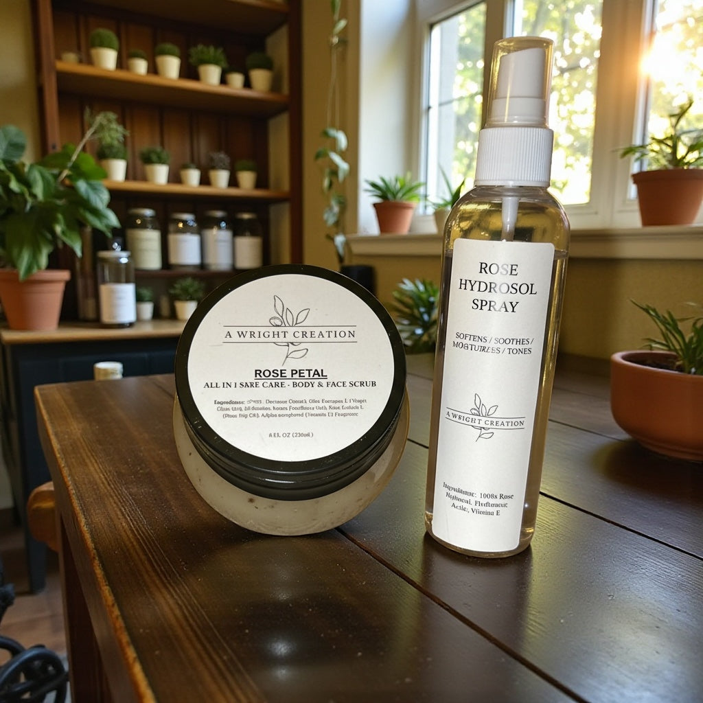 Cosmetic products on a wooden table with a plant-filled room in the background