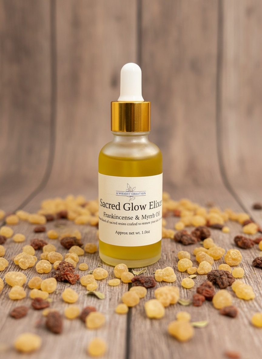 Bottle of 'Sacred Glow Elixir' with frankincense resin on a wooden surface