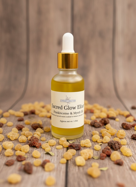 Bottle of 'Sacred Glow Elixir' with frankincense resin on a wooden surface