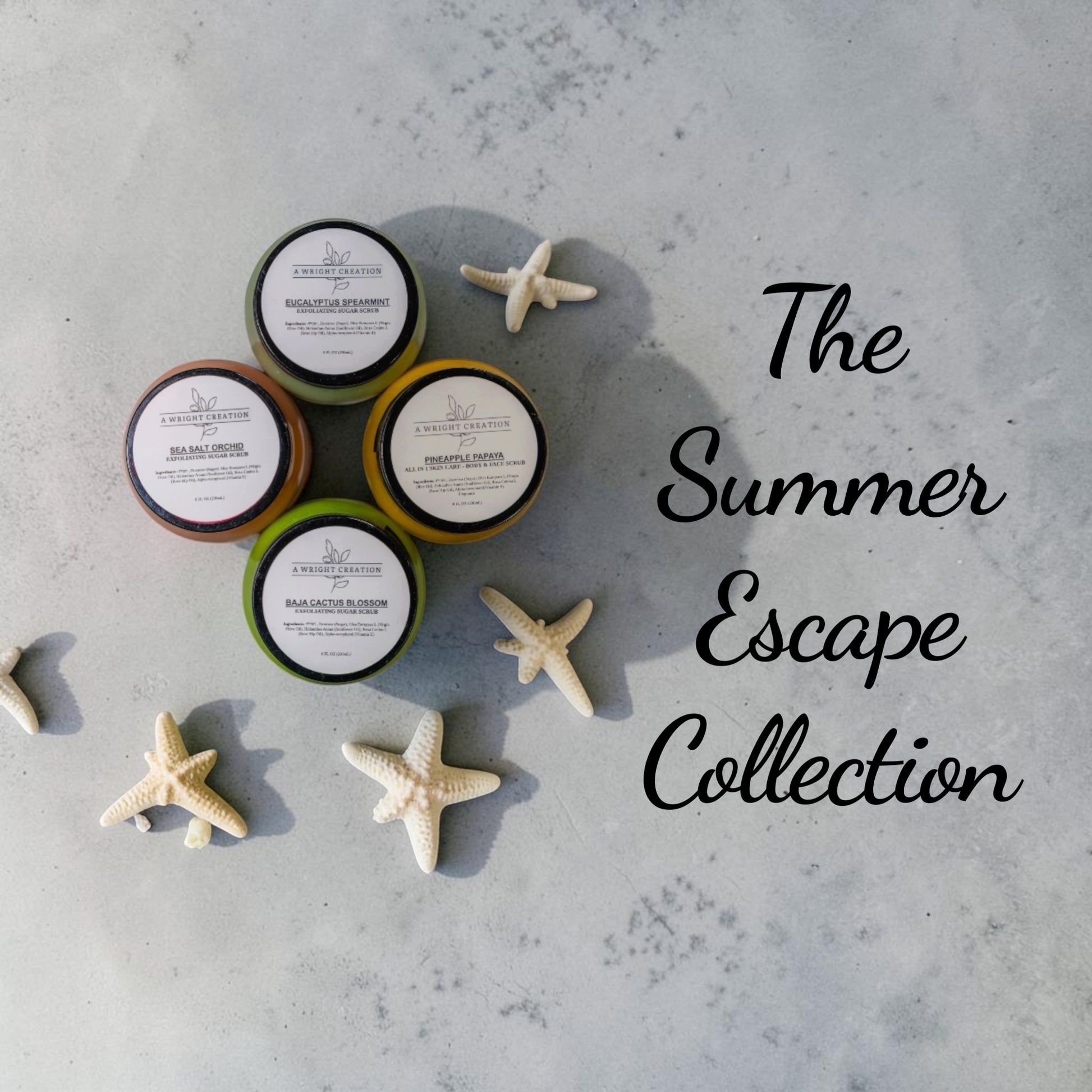 Collection of small containers with labels on a gray surface, surrounded by starfish, with 'The Summer Escape Collection' text.