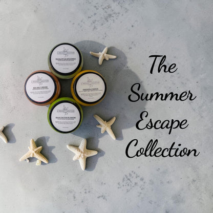 Collection of small containers with labels on a gray surface, surrounded by starfish, with 'The Summer Escape Collection' text.