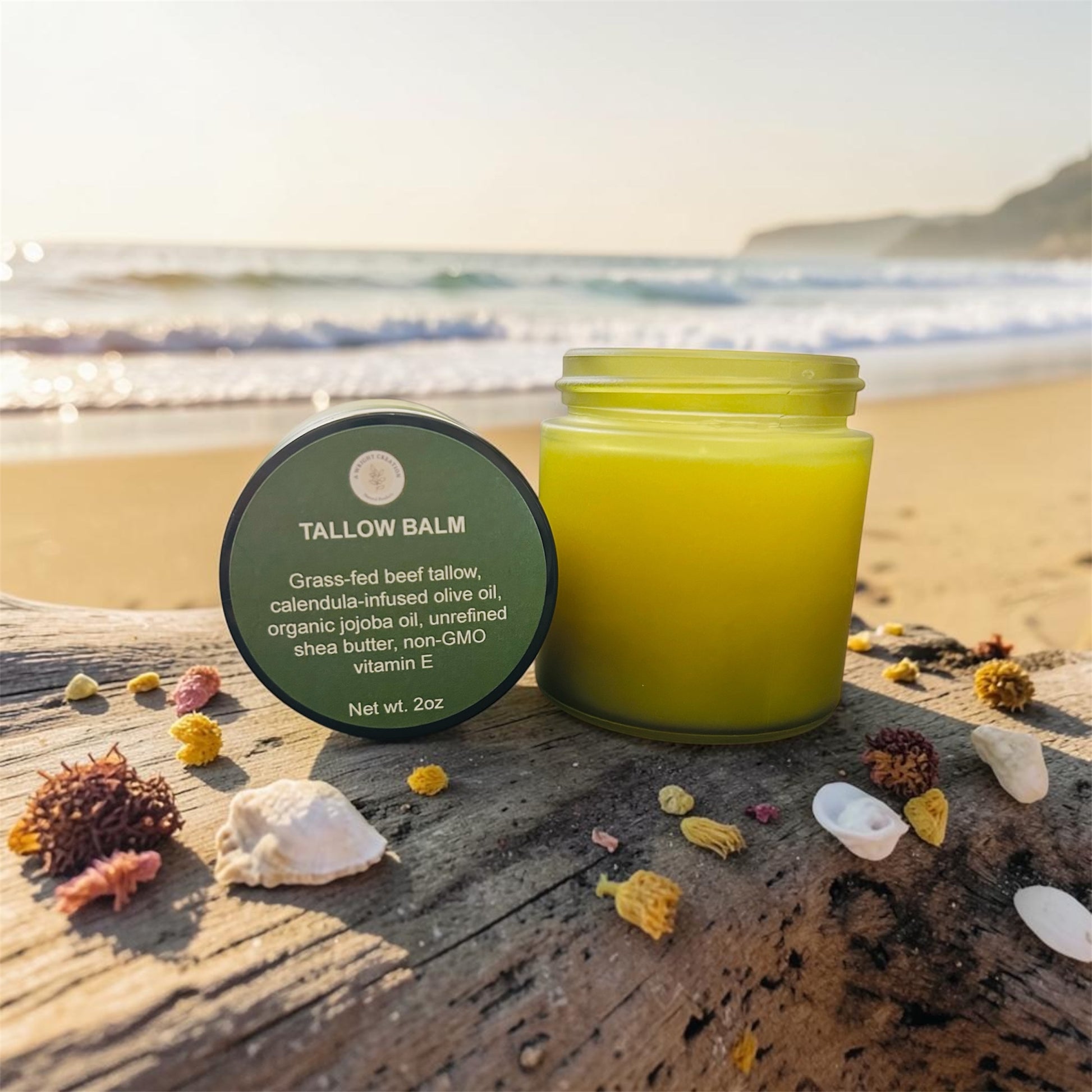 Grass-fed tallow sun balm jar for natural summer skin protection and hydration.