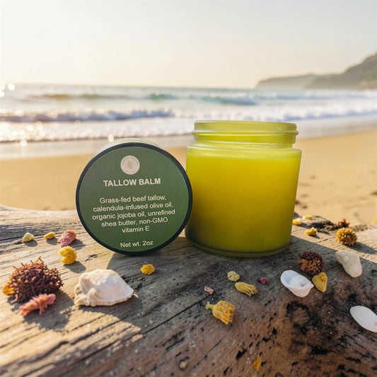 Grass-fed tallow sun balm jar for natural summer skin protection and hydration.