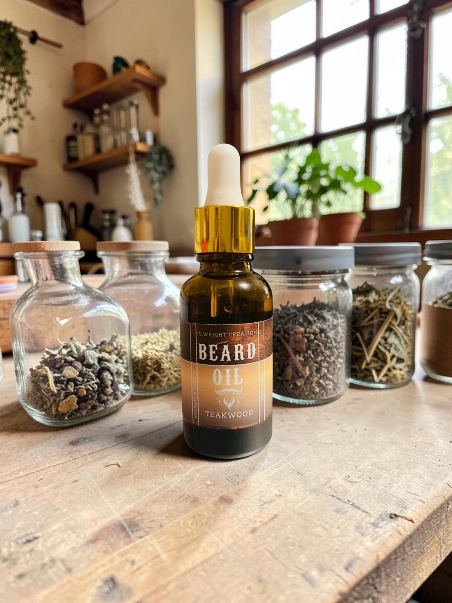 Bottle of beard oil with a dropper on a wooden surface with jars of herbs.
