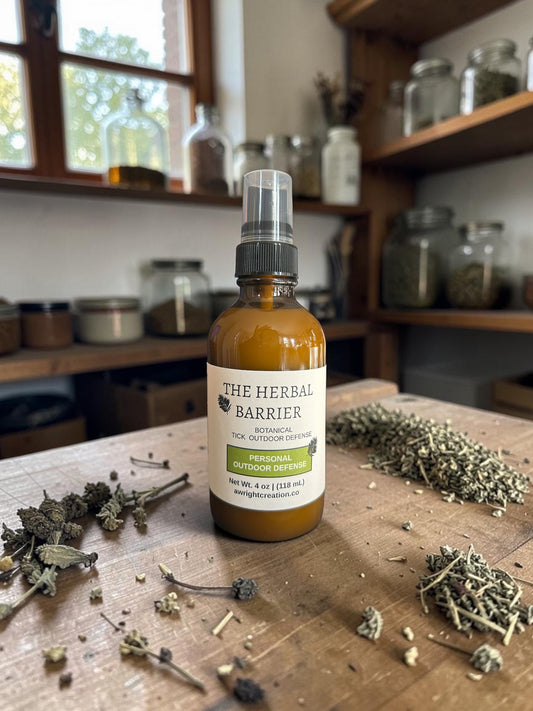 A spray bottle of Wright Way The Herbal Barrier Personal Outdoor Defense Spray on a rustic wooden background.